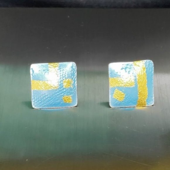 Vintage Jewelry - Vintage Cellia Braswell 99' Square Shape Posh Pierced Earrings Blue Gold Women's
